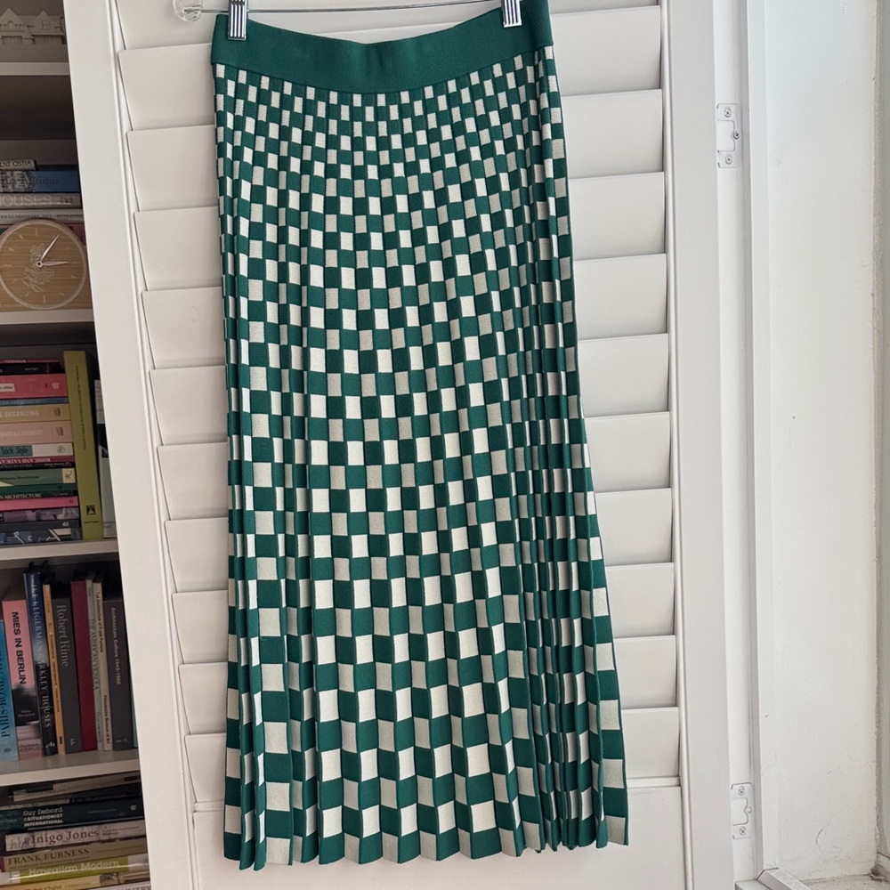 Tory Sport Green and White Checkered Pleated A-Line Skirt